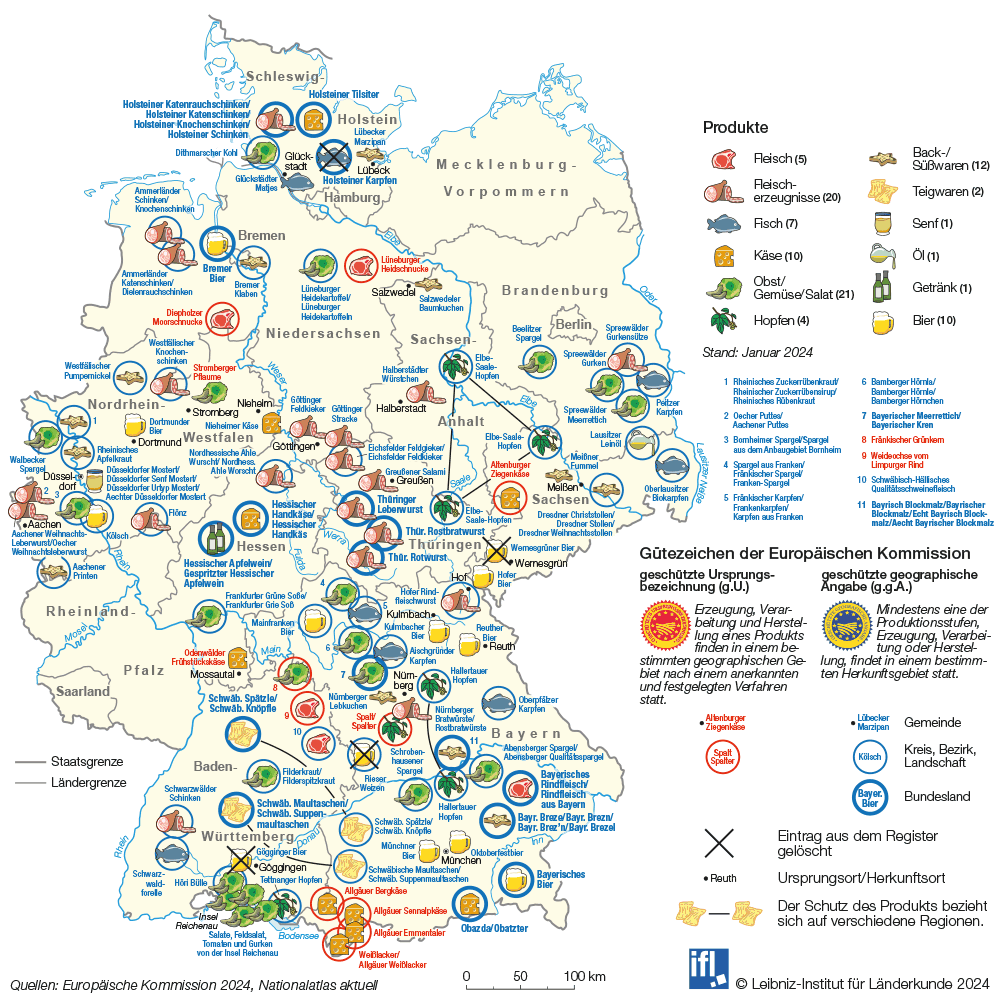 Karte Deutschland Lebensmittel mit geschützter geografischer Herkunft, © Leibniz-Institut für Länderkunde
