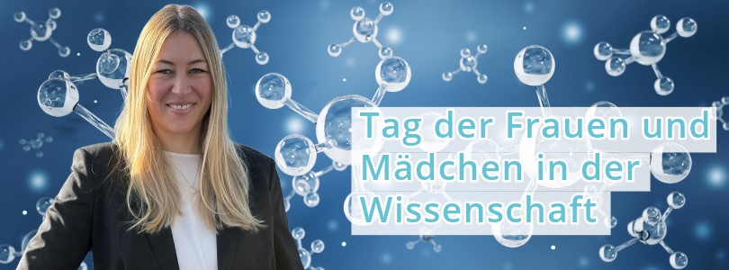 Junge Frau und Titel: "Tag der Frauen und Mädchen in der Wissenschaft"