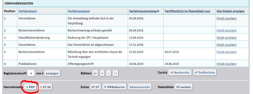 Screenshot der Anzeige in DPMAregister, Download-Button ist markiert