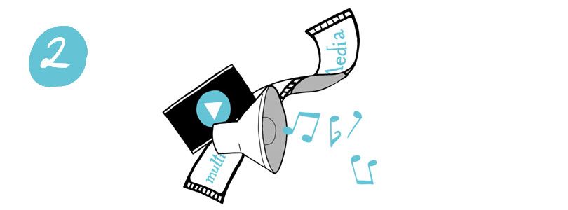Symbole für Video, Filmstreifen, Lautsprecher und Musiknoten