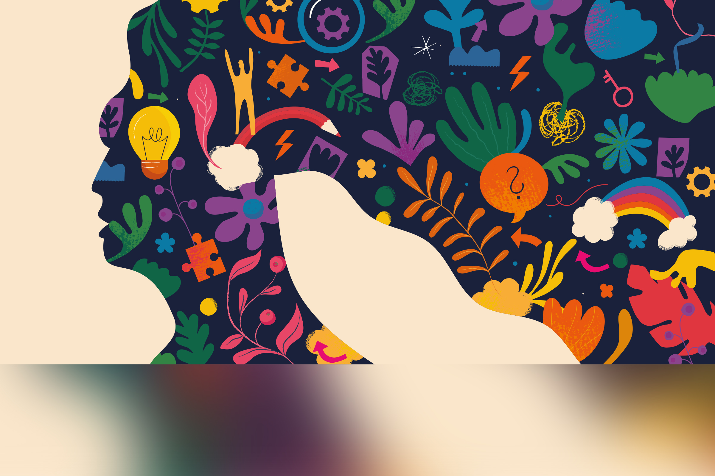 Frauenkopf mit Glühbirne und Blumen