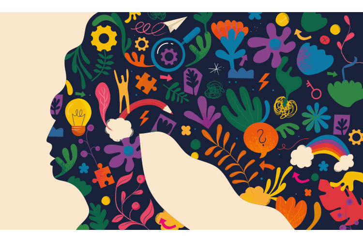 Frauenkopf mit Glühbirne und Blumen