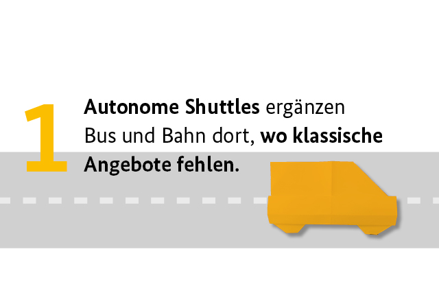 1. Autonome Shuttles ergänzen Bus und Bahn dort, wo klassische Angebote fehlen.