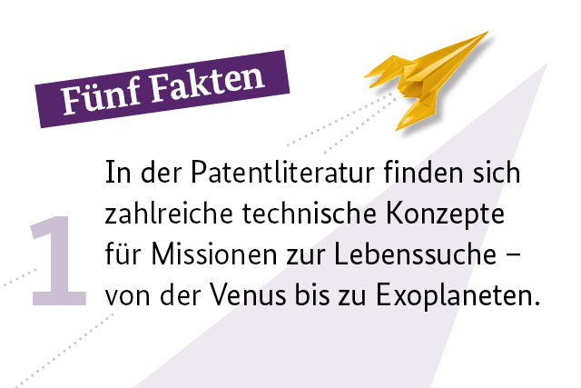 Fünf Fakten: In der Patentliteratur finden sich zahlreiche technische Konzepte für Missionen zur Lebenssuche – von der Venus bis zu Exoplaneten.