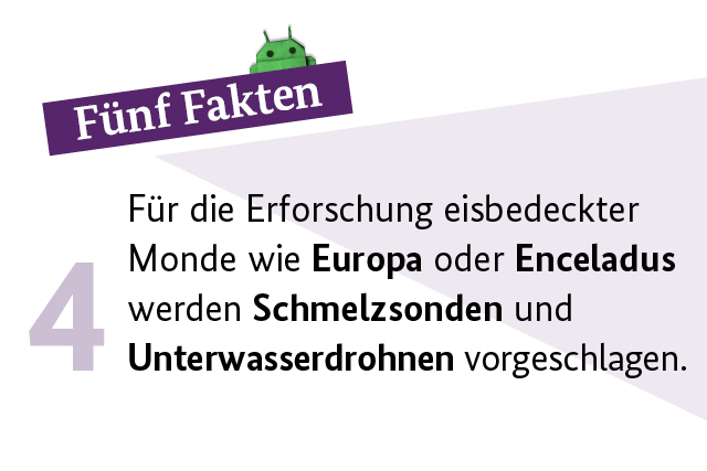 Für die Erforschung eisbedeckter Monde wie Europa oder Enceladus werden Schmelzsonden und Unterwasserdrohnen vorgeschlagen.