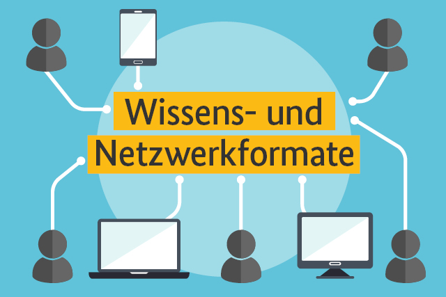 Figuren und Computer mit Pfeilen