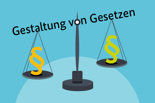 Waage mit Paragrafenzeichen und Text "Gestaltung von Gesetzen"