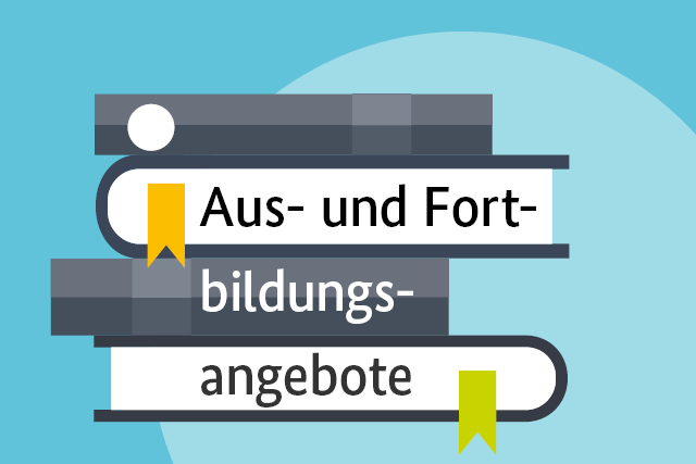 Bücherstapel mit Aufschrift "Aus- und Fortbildungsangebote"