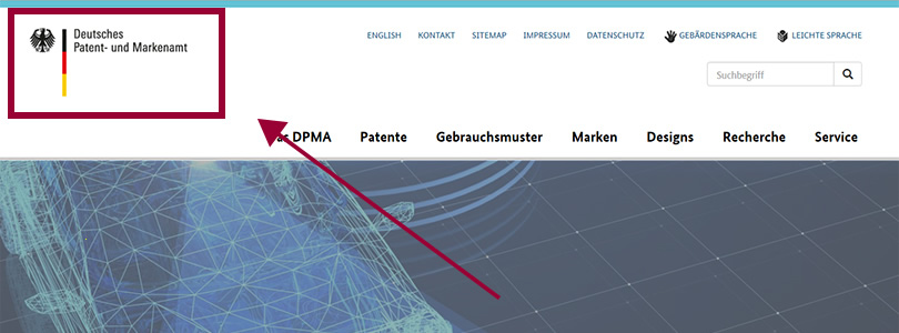 Startseite  DPMA mit hervorgehobenem Logo